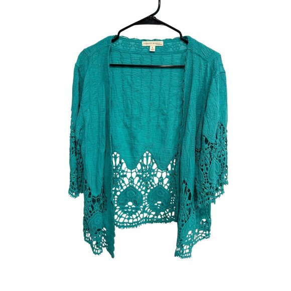 Farmers Market By Oneworld Lace Trim Open Front Cardigan Teal Sz Large Crinkle - Picture 1 of 10